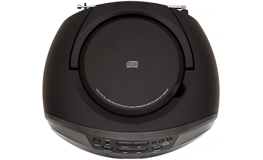 Radioodtwarzacz AIWA BBTU-500DAB mobilny, uchwyt transportowy, zasilanie AC/DC i bateryjne, Radioodtwarzacz od góry na białym tle