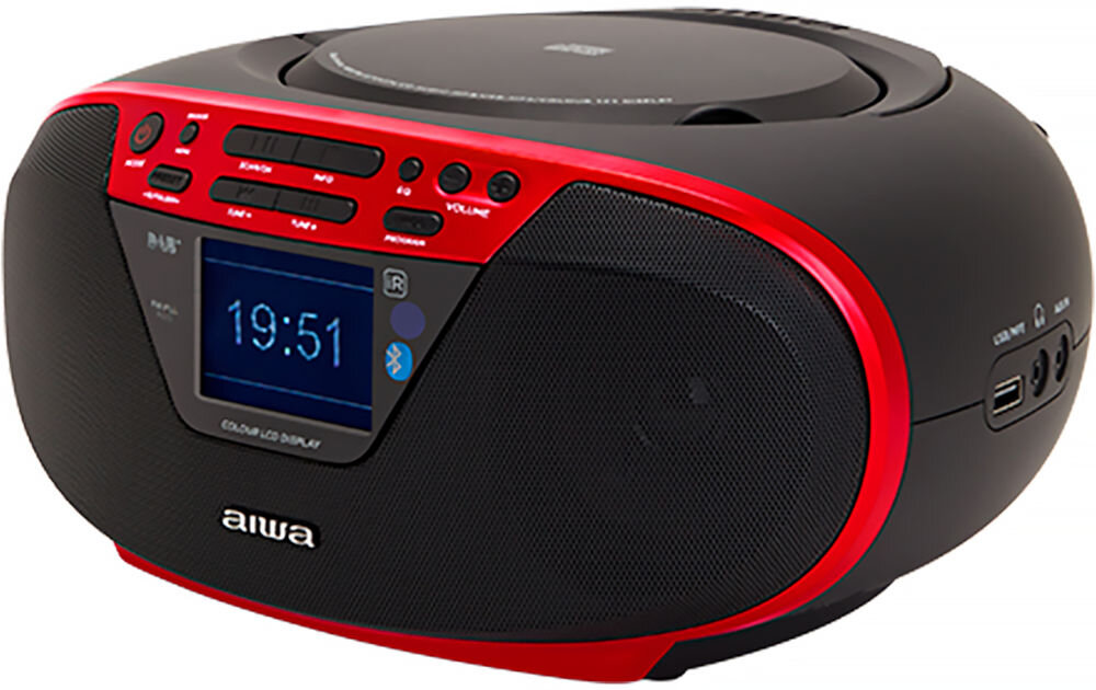 Radioodtwarzacz AIWA BBTU-500DAB odtwarzacz CD z górnym ładowaniem i pamięcią programów, Radioodtwarzacz po skosie na białym tle