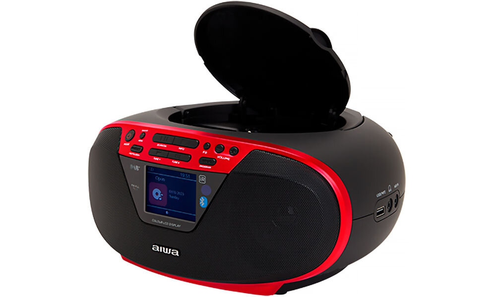 Radioodtwarzacz AIWA BBTU-500DAB tuner DAB+/FM, funkcja RDS, pamięć stacji radiowych, Radioodtwarzacz po skosie na białym tle