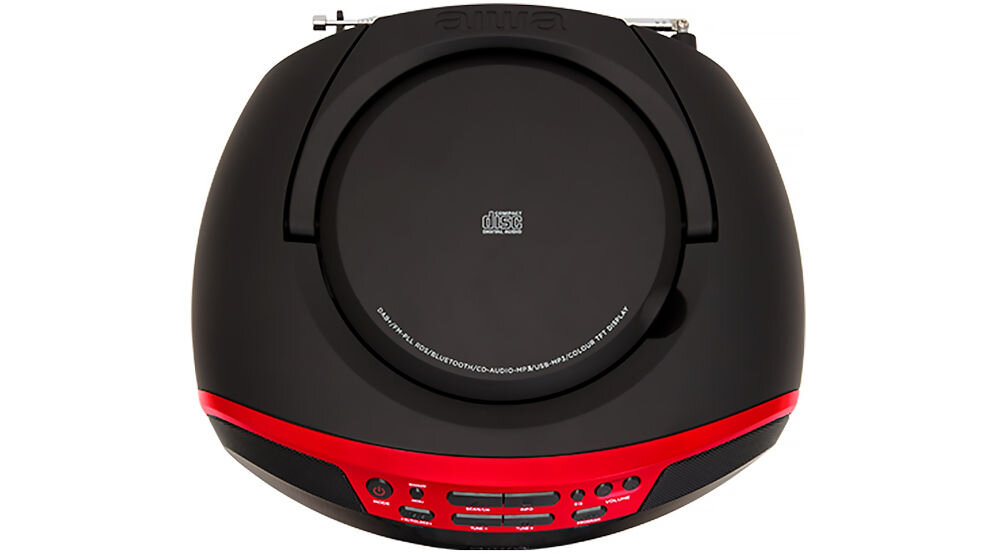 Radioodtwarzacz AIWA BBTU-500DAB mobilny, uchwyt transportowy, zasilanie AC/DC i bateryjne, Radioodtwarzacz od góry na białym tle