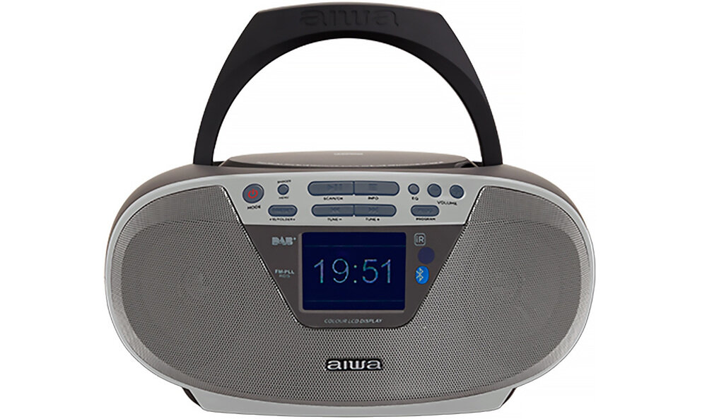 Radioodtwarzacz AIWA BBTU-500DAB połączenie Bluetooth, sterowanie muzyką ze smartfona, Radioodtwarzacz od frontu na białym tle
