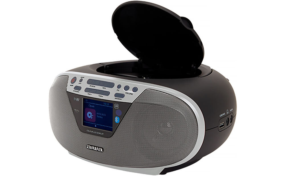 Radioodtwarzacz AIWA BBTU-500DAB tuner DAB+/FM, funkcja RDS, pamięć stacji radiowych, Radioodtwarzacz po skosie na białym tle