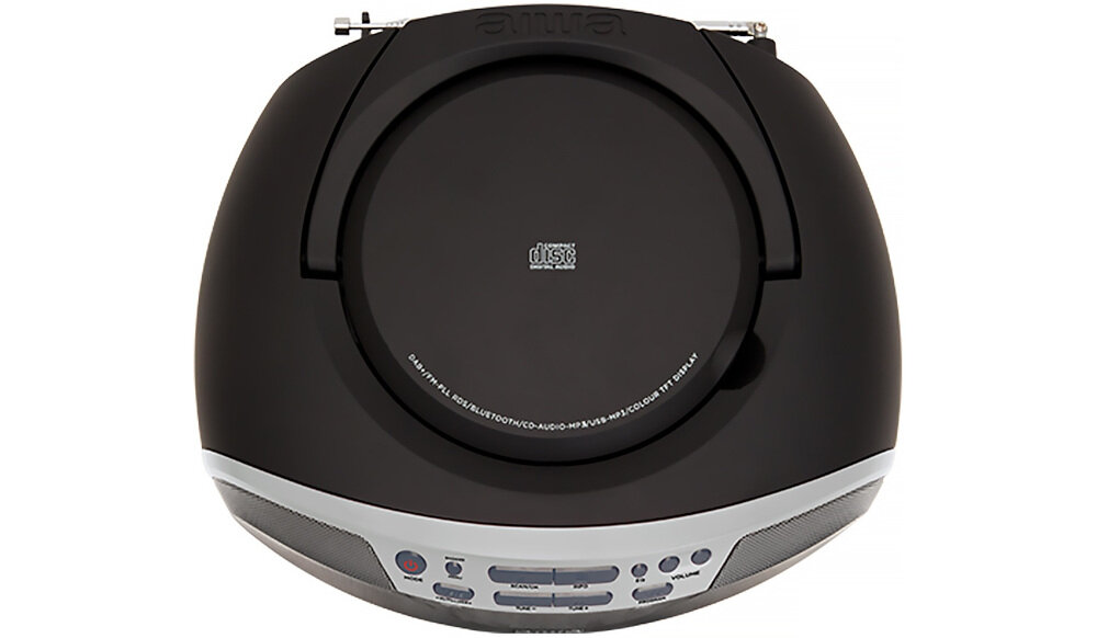 Radioodtwarzacz AIWA BBTU-500DAB mobilny, uchwyt transportowy, zasilanie AC/DC i bateryjne, Radioodtwarzacz od góry na białym tle