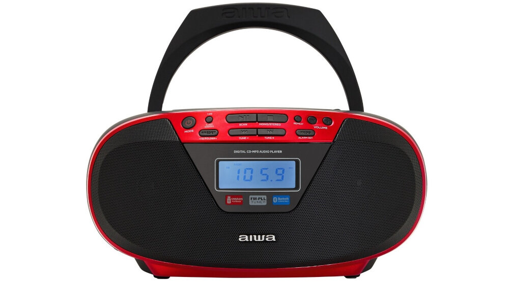 Radioodtwarzacz AIWA BBTU-400RD - Praktyczne złącza audio, Radioodtwarzacz od frontu na białym tle