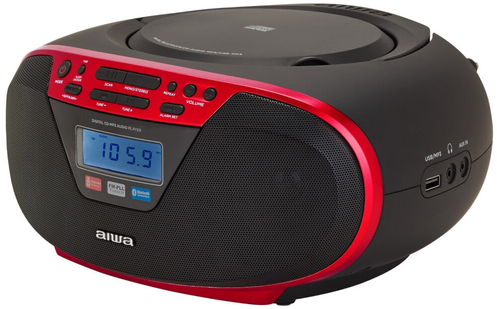 Radioodtwarzacz AIWA BBTU-400RD - Zasilanie w dwóch trybach, Radioodtwarzacz po skosie na białym tle