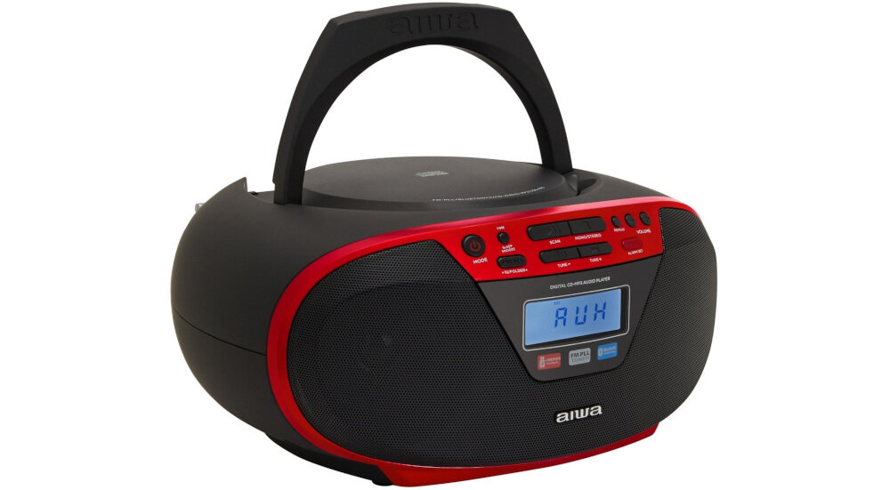 Radioodtwarzacz AIWA BBTU-400RD - Dźwięk pełen detali, Radioodtwarzacz po skosie na białym tle
