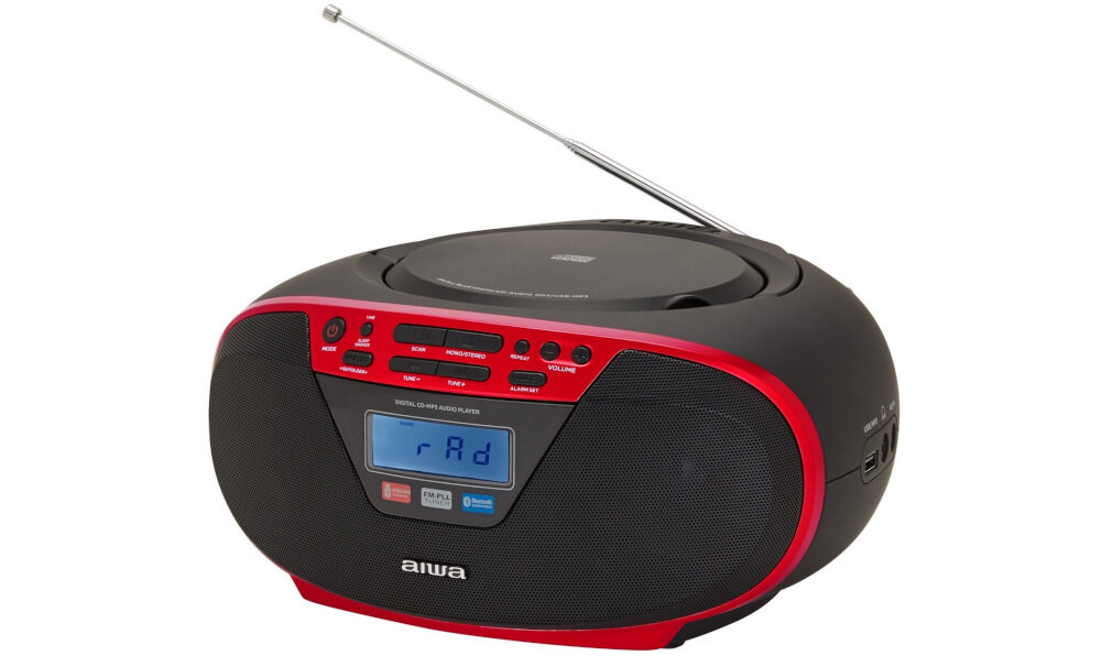 Radioodtwarzacz AIWA BBTU-400RD - Funkcje dla rytmu, Radioodtwarzacz po skosie na białym tle