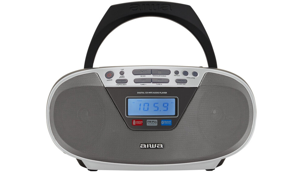 Radioodtwarzacz AIWA BBTU-400SL - Praktyczne złącza audio, Radioodtwarzacz od frontu na białym tle