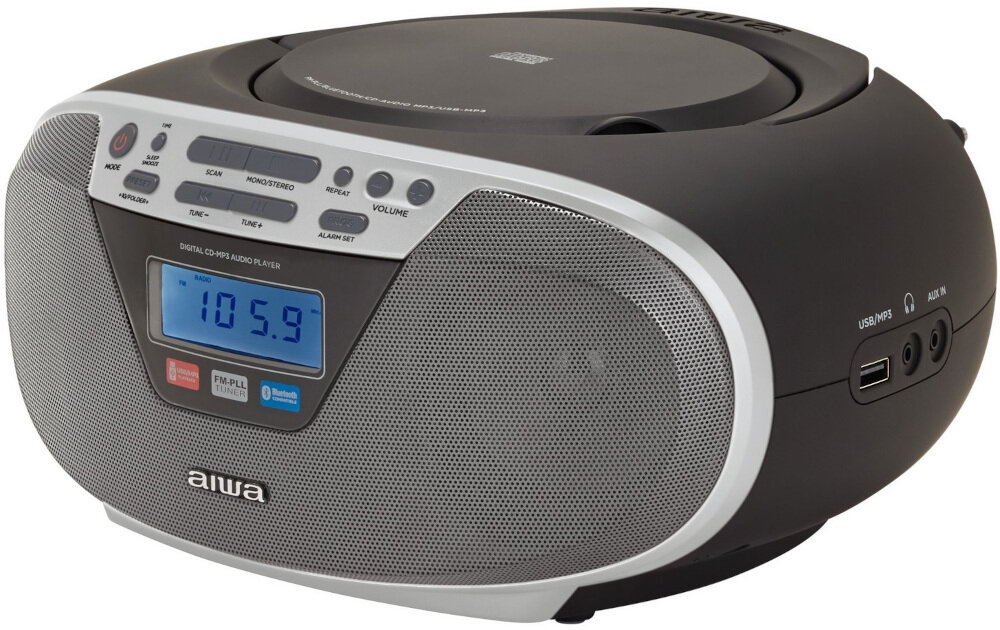 Radioodtwarzacz AIWA BBTU-400SL - Zasilanie w dwóch trybach, Radioodtwarzacz po skosie na białym tle