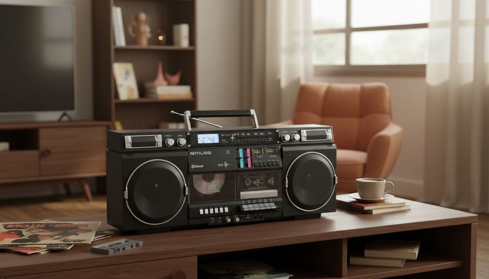 Radioodtwarzacz MUSE M-380GB CD CD-R CD-RW magnetofon radio FM wyświetlacz LCD, urządzenie stojące na komodzie