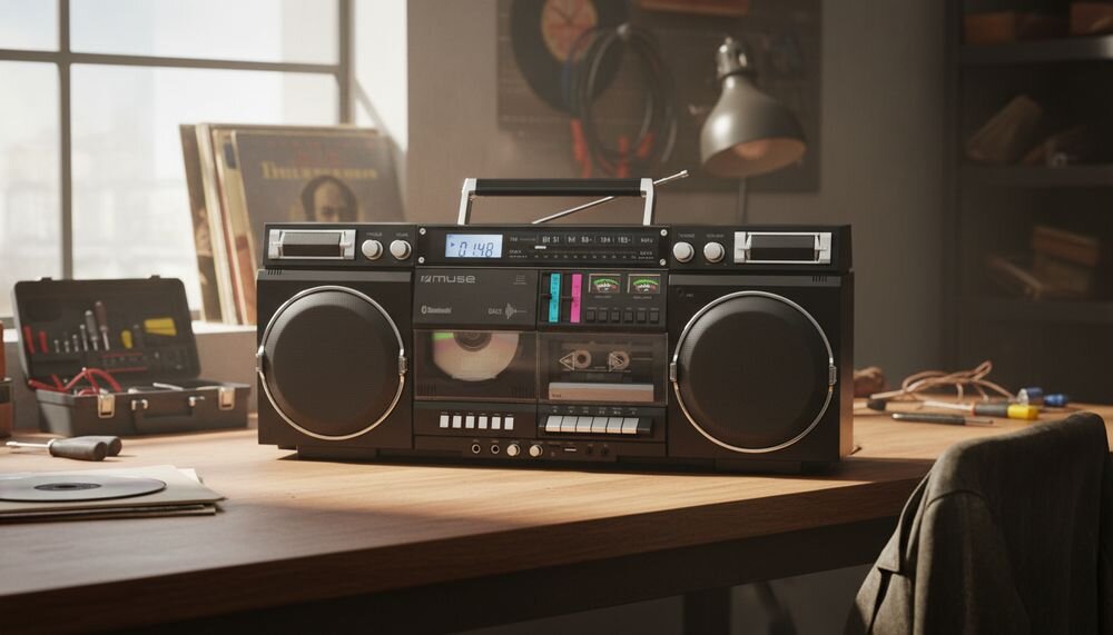 Radioodtwarzacz MUSE M-380GB Bluetooth USB-A micro SD AUX 3,5 mm MP3, urządzenie stojące na komodzie