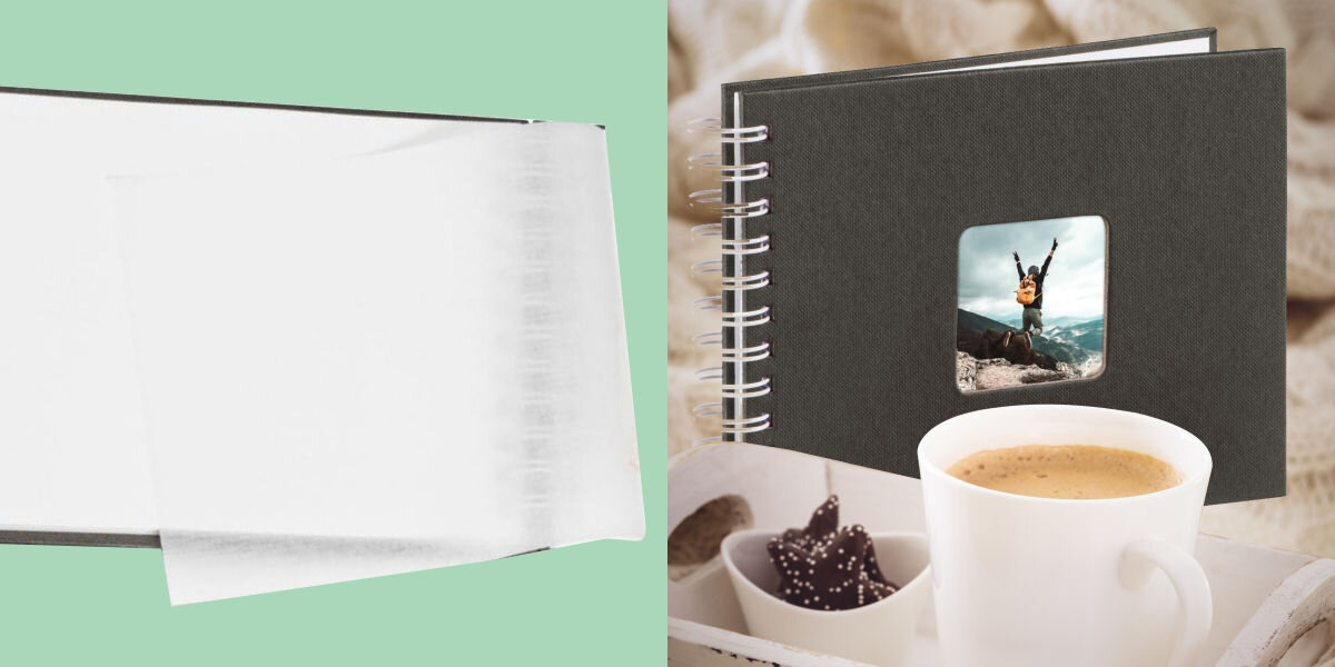 Album HAMA Fine Art Białe kartki Czarny (50 stron)  
				więcej niż tylko zdjęcia, białe strony wewnętrzne, zielone tło, wnętrze albumu, kubek z kawą, produkt