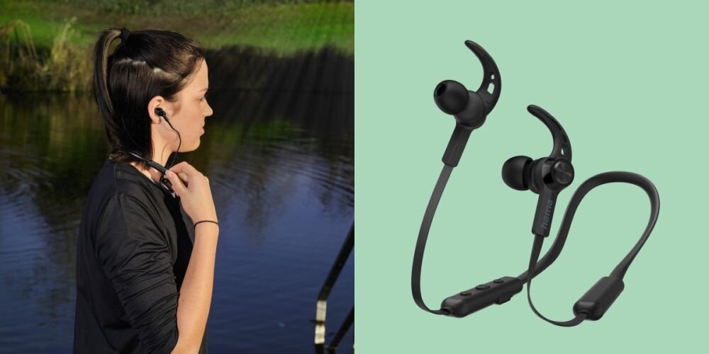 Słuchawki dokanałowe HAMA Freedom Neck II Odporność na pot - sport bieganie - kobieta z sluchawkami w uszach