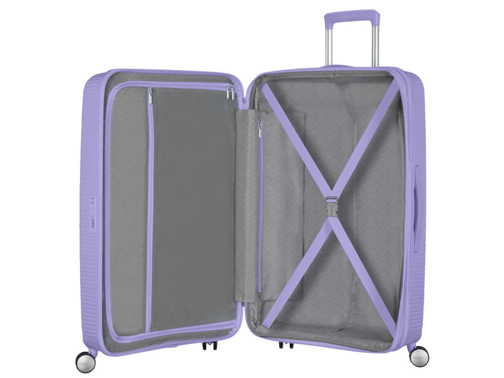 Walizka AMERICAN TOURISTER SoundBox 55 cm fioletowy elastyczne poprzeczne pasy zabezpieczające wyściełana przegroda dodatkowa kieszeń zapinana na zamek