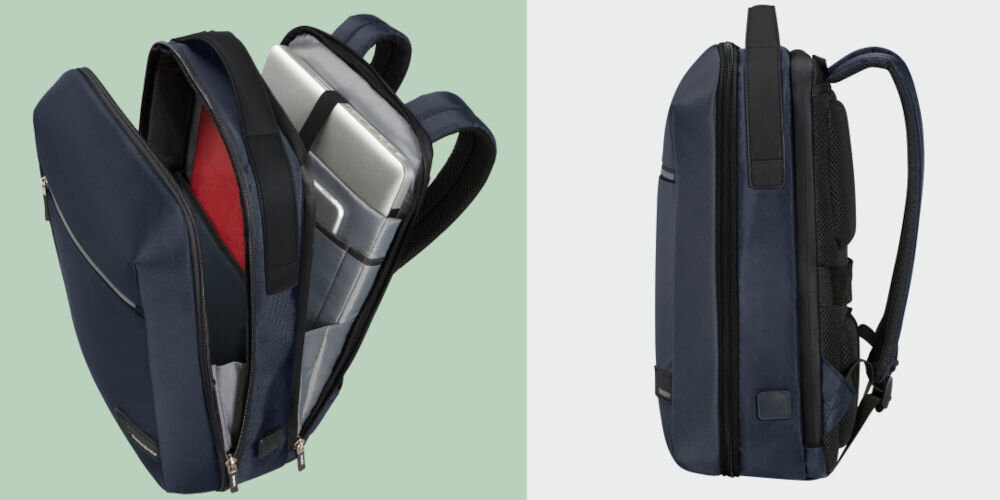 Plecak na laptopa SAMSONITE Litepoint 14,1 cali Granatowy
chroń swoje urządzenia, dedykowana kieszeń na laptopa do 14,1” wyposażona w wodoodporny materiał, oddzielna przegroda na tablet do 10,5”
otworzony plecak na zielonym tle, w środku laptop tablet, plecak ustawiony bokiem na jasnym tle