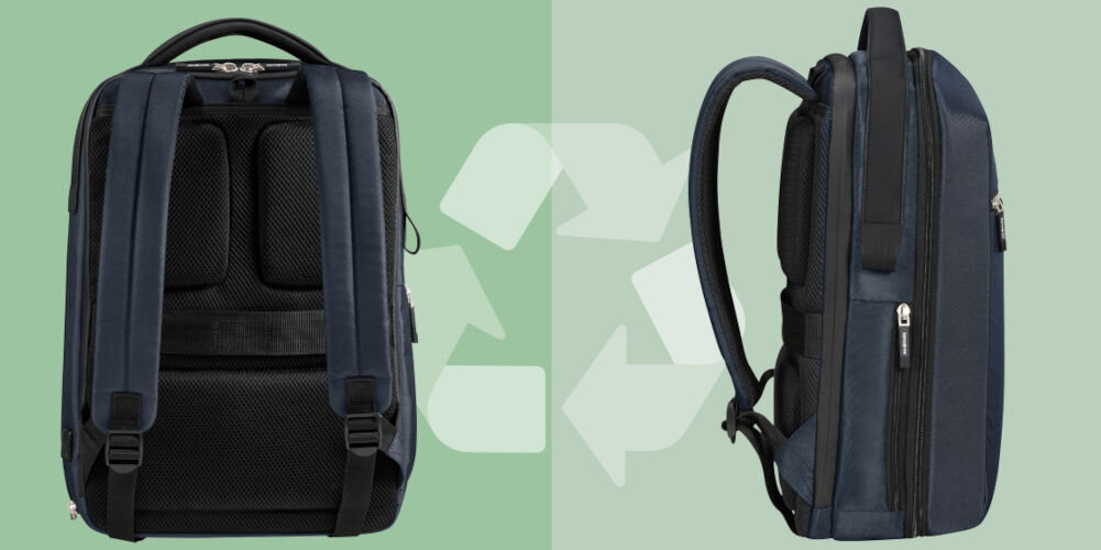 Plecak na laptopa SAMSONITE Litepoint 14,1 cali Granatowy
przyjazny dla środowiska, wykonany z materiału Recyclex™, wspiera ideę zrównoważonego rozwoju,
zielone tło, plecak ustawiony tyłem, plecak ustawiony bokiem, strzałki symbolizujące recykling