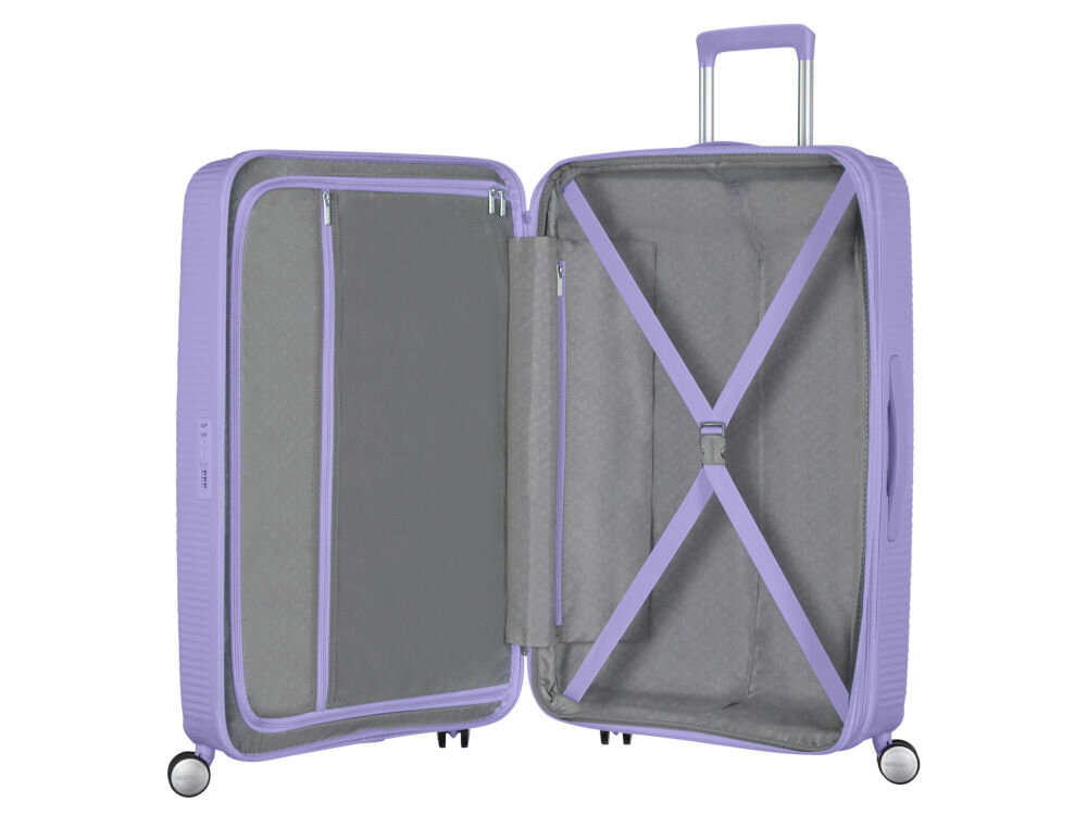 Walizka AMERICAN TOURISTER SoundBox 67 cm fioletowy elastyczne poprzeczne pasy zabezpieczające wyściełana przegroda dodatkowa kieszeń zapinana na zamek