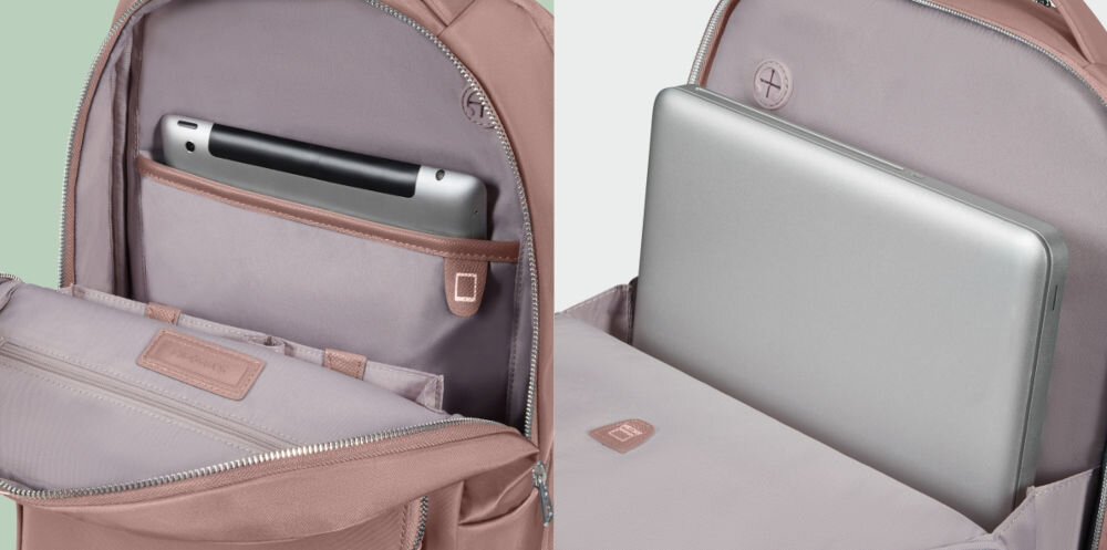 Plecak na laptopa SAMSONITE Be-Her 15.6 cali Różowy
zabierz swój sprzęt, kieszeń na laptopa do 15,6”, przegroda na tablet do 10,5”, wyściełane przegrody,
zbliżenia na wnętrze plecaka, w plecaku laptop oraz tablet