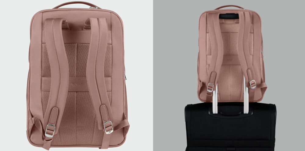 Plecak na laptopa SAMSONITE Be-Her 15.6 cali Różowy
system easy pass, smart sleeve,
jasne tło, tył plecaka, szare tło, plecak przymocowany do uchwytu walizki