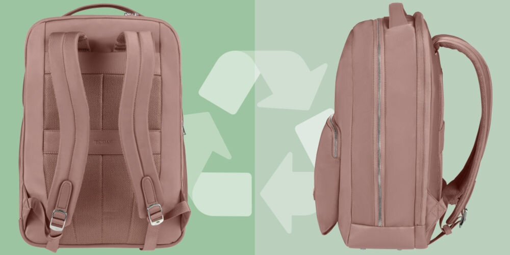 Plecak na laptopa SAMSONITE Be-Her 15.6 cali Różowy
wykonany z materiału Recyclex™, powstałego z przetworzonych tworzyw sztucznych,
zielone tło, tył plecaka, plecak ustawiony bokiem, strzałki symbolizujące recykling