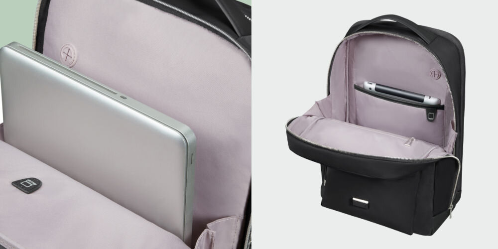 Plecak na laptopa SAMSONITE Be-Her 15.6 cali Czarny
					zabierz swój sprzęt, kieszeń na laptopa do 15,6”, przegroda na tablet do 10,5”, wyściełane przegrody,
					zbliżenia na wnętrze plecaka, w plecaku laptop oraz tablet