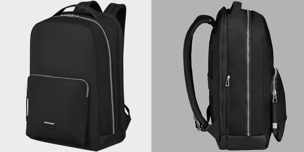 Plecak na laptopa SAMSONITE Be-Her 15.6 cali Czarny
					praktyczna organizacja, kompaktowe wymiary ok. 39 x 29 x 13 cm, pojemność 18,2 litra, waga ok. 0,8 kg, 
					dodatkowe przegrody na dokumenty oraz drobne akcesoria,
					jasne tło, plecak pod lekkim skosem, szare tło, plecak od boku
