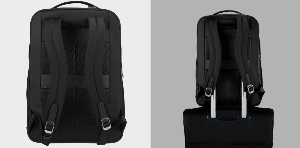 Plecak na laptopa SAMSONITE Be-Her 15.6 cali Czarny
					system easy pass, smart sleeve,
					jasne tło, tył plecaka, szare tło, plecak przymocowany do uchwytu walizki