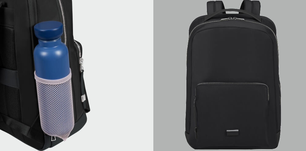 Plecak na laptopa SAMSONITE Be-Her 15.6 cali Czarny
					zabierz ulubiony napój, uchwyt boczny na butelkę, możliwość wygodnego przenoszenia butelki z wodą lub innym napojem,
					jasne tło, zbliżenie na uchwyt na butelkę, szare tło, plecak od frontu