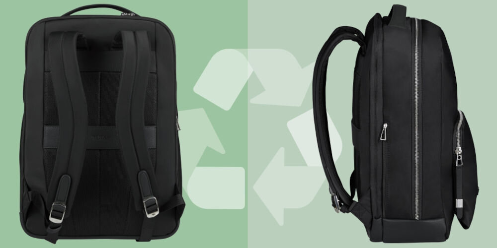 Plecak na laptopa SAMSONITE Be-Her 15.6 cali Czarny
					wykonany z materiału Recyclex™, powstałego z przetworzonych tworzyw sztucznych,
					zielone tło, tył plecaka, plecak ustawiony bokiem, strzałki symbolizujące recykling