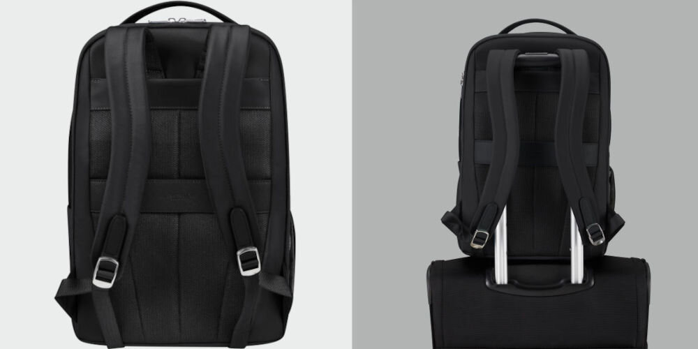 Plecak na laptopa SAMSONITE Be-Her 14.1 cali Czarny
					system easy pass, smart sleeve,
					jasne tło, tył plecaka, szare tło, plecak przymocowany do uchwytu walizki