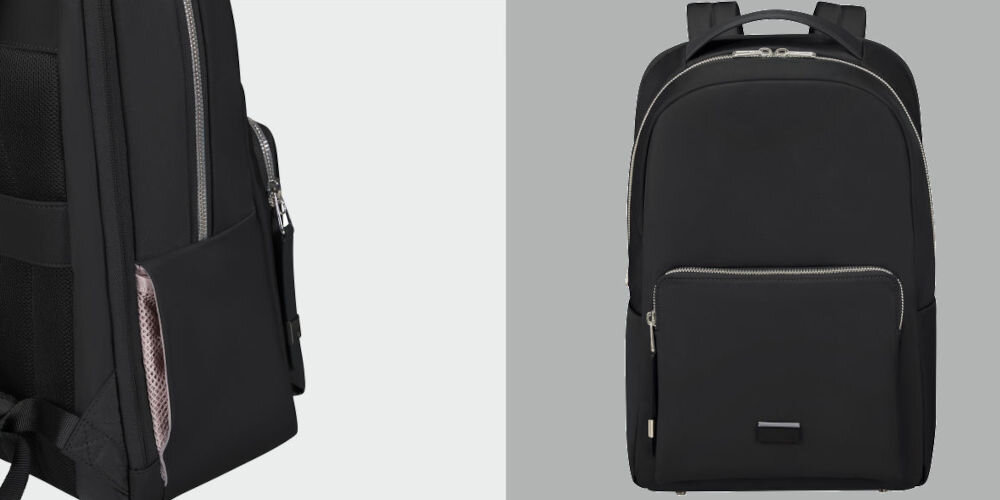 Plecak na laptopa SAMSONITE Be-Her 14.1 cali Czarny
					zabierz ulubiony napój, uchwyt boczny na butelkę, możliwość wygodnego przenoszenia butelki z wodą lub innym napojem,
					jasne tło, zbliżenie na uchwyt na butelkę, szare tło, plecak od frontu