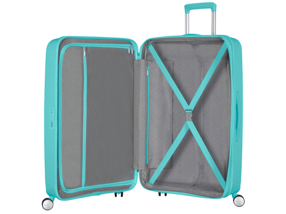Walizka AMERICAN TOURISTER SoundBox 67 cm Niebieski elastyczne poprzeczne pasy zabezpieczające wyściełana przegroda dodatkowa kieszeń zapinana na zamek