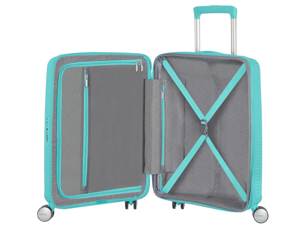 Walizka AMERICAN TOURISTER SoundBox 55 cm niebieski elastyczne poprzeczne pasy zabezpieczające wyściełana przegroda dodatkowa kieszeń zapinana na zamek