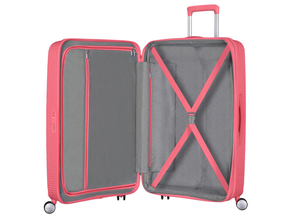 Walizka AMERICAN TOURISTER SoundBox 67 cm różowy elastyczne poprzeczne pasy zabezpieczające wyściełana przegroda dodatkowa kieszeń zapinana na zamek