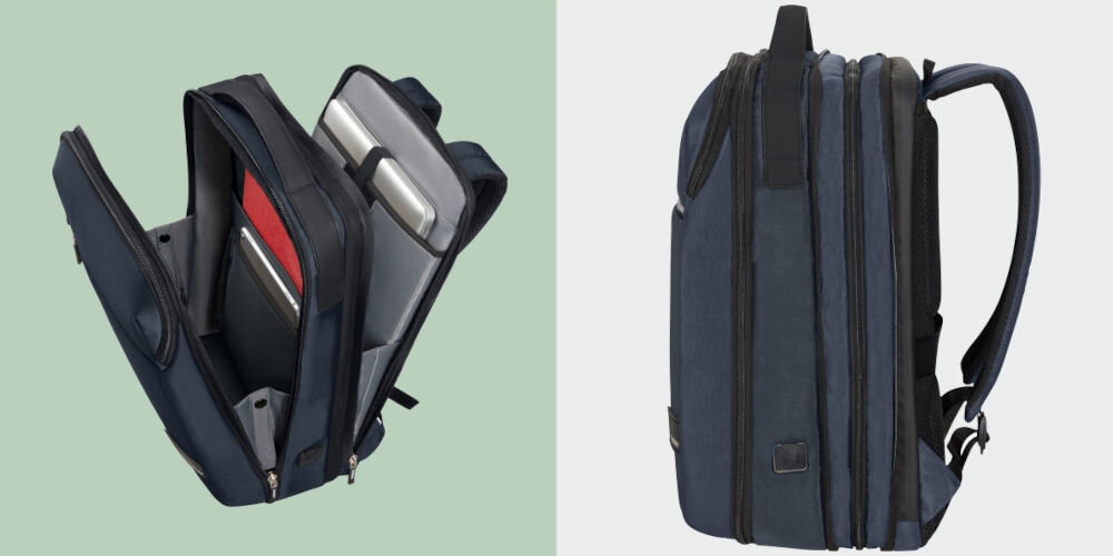 Plecak na laptopa SAMSONITE Litepoint 17,3 cali Granatowy
chroń swoje urządzenia, dedykowana kieszeń na laptopa do 17,3” wyposażona w wodoodporny materiał, oddzielna przegroda na tablet do 10,5”
otworzony plecak na zielonym tle, w środku laptop tablet, plecak ustawiony bokiem na jasnym tle