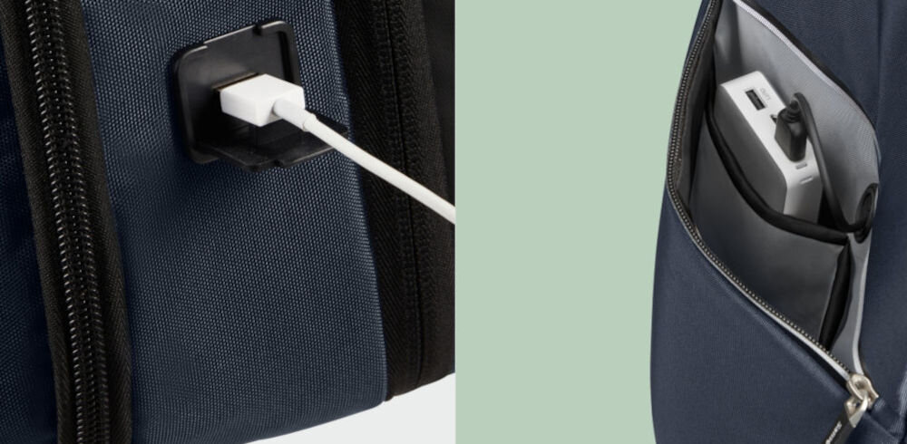 Plecak na laptopa SAMSONITE Litepoint 17,3 cali Granatowy
ładowanie w ruchu, zintegrowany port USB-A, kieszeń na powerbank, system Easy Pass,
zbliżenie na port USB-A z wpiętym kablem, zbliżenie na kieszeń na powerbank, w której znajduje się urządzenie z wpiętym kablem