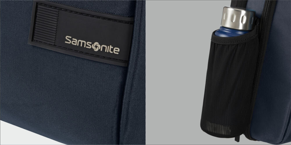 Plecak na laptopa SAMSONITE Litepoint 17,3 cali Granatowy
zabierz ulubiony napój, uchwyt boczny umożliwiający wygodne przenoszenie butelki
zbliżenie na logo producenta na plecaku, szare tło, zbliżenie na uchwyt na butelkę