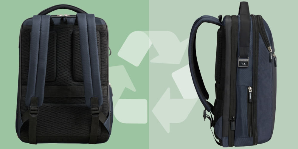 Plecak na laptopa SAMSONITE Litepoint 17,3 cali Granatowy
przyjazny dla środowiska, wykonany z materiału Recyclex™, wspiera ideę zrównoważonego rozwoju,
zielone tło, plecak ustawiony tyłem, plecak ustawiony bokiem, strzałki symbolizujące recykling