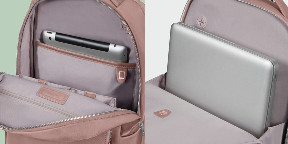 Plecak na laptopa SAMSONITE Be-Her 14.1 cali Różowy
zabierz swój sprzęt, kieszeń na laptopa do 14,1”, przegroda na tablet do 10,5”, wyściełane przegrody,
zbliżenia na wnętrze plecaka, w plecaku laptop oraz tablet