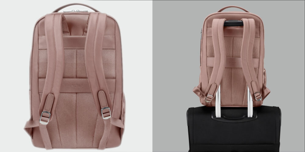 Plecak na laptopa SAMSONITE Be-Her 14.1 cali Różowy
system easy pass, smart sleeve,
jasne tło, tył plecaka, szare tło, plecak przymocowany do uchwytu walizki