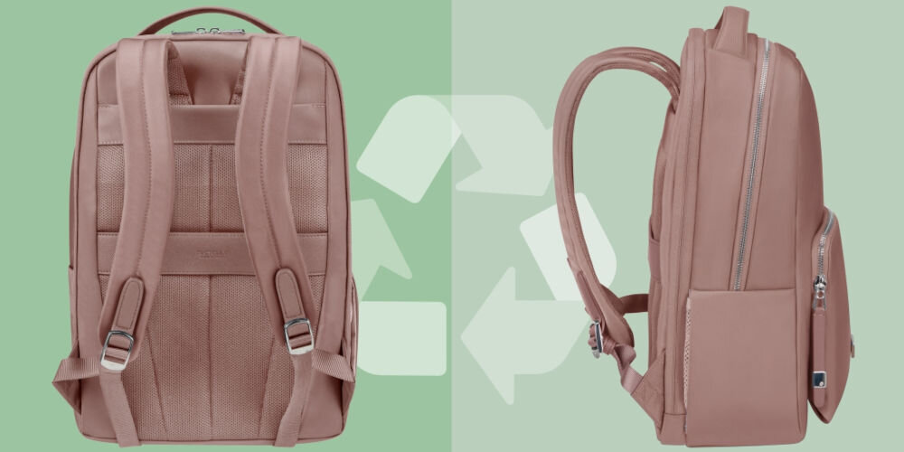 Plecak na laptopa SAMSONITE Be-Her 14.1 cali Różowy
wykonany z materiału Recyclex™, powstałego z przetworzonych tworzyw sztucznych,
zielone tło, tył plecaka, plecak ustawiony bokiem, strzałki symbolizujące recykling