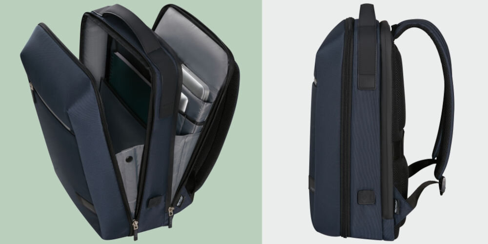 Plecak na laptopa SAMSONITE Litepoint 15,6 cali Granatowy
chroń swoje urządzenia, dedykowana kieszeń na laptopa do 15,6” wyposażona w wodoodporny materiał, oddzielna przegroda na tablet do 10,5”
otworzony plecak na zielonym tle, w środku laptop tablet, plecak ustawiony bokiem na jasnym tle