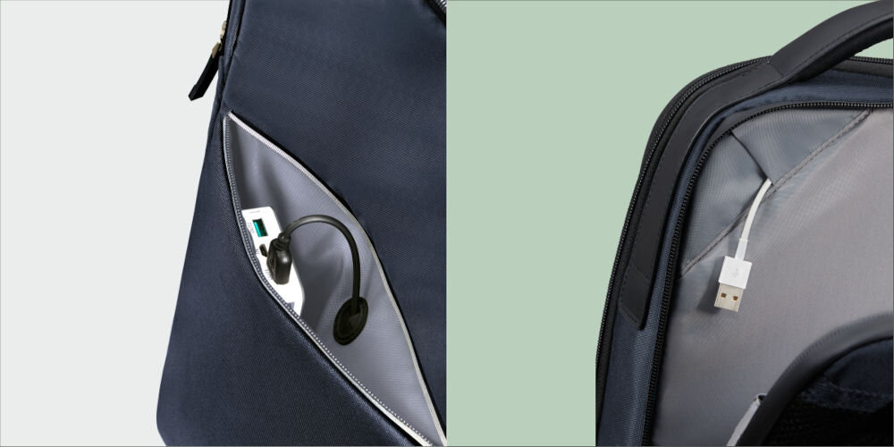 Plecak na laptopa SAMSONITE Litepoint 15,6 cali Granatowy
ładowanie w ruchu, zintegrowany port USB-A, kieszeń na powerbank, system Easy Pass,
szare tło, zbliżenie na kieszeń na powerbank oraz przelotkę na kable, zielone tło, zbliżenie na miejsce na górze plecaka, w którym wychodzi kabel USB-A