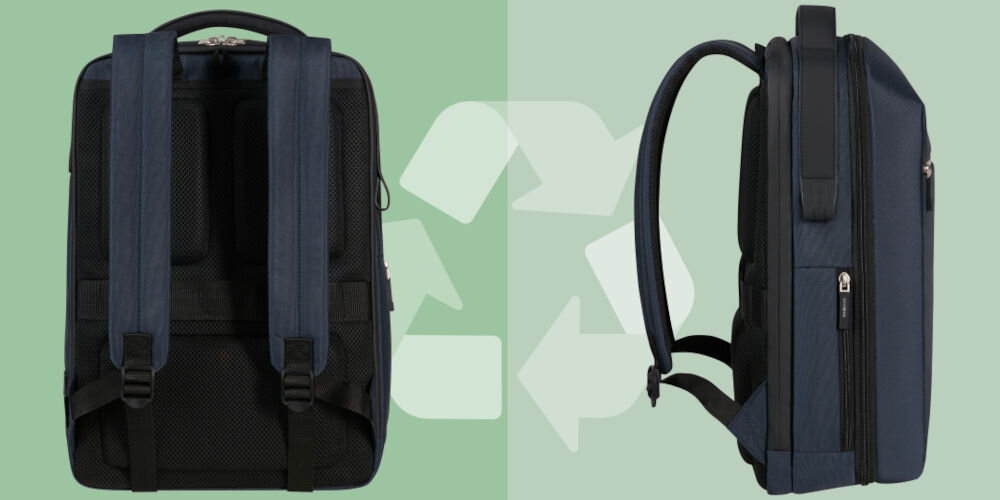 Plecak na laptopa SAMSONITE Litepoint 15,6 cali Granatowy
przyjazny dla środowiska, wykonany z materiału Recyclex™, wspiera ideę zrównoważonego rozwoju,
zielone tło, plecak ustawiony tyłem, plecak ustawiony bokiem, strzałki symbolizujące recykling