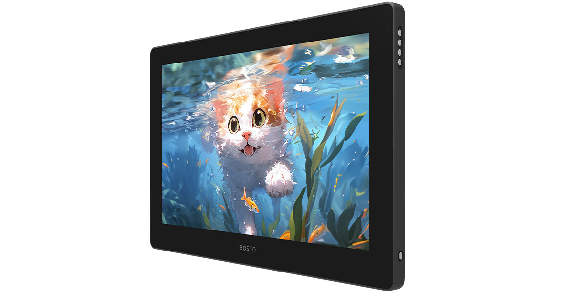 Tablet graficzny BOSTO BT-16HD 2024 przekątna 15,6 cala rozdzielczość Full HD 1920 x 1080 px szeroki gamut kolorów 120% sRGB wysoki kontrast 1000:1 szerokie kąty widzenia 178°
