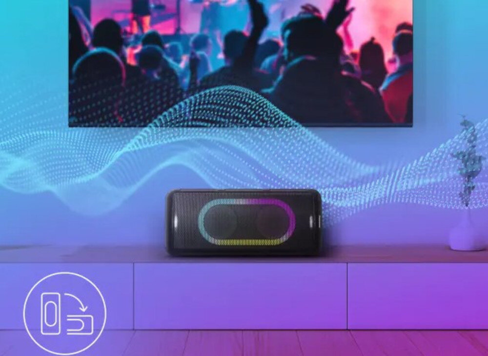 Power Audio PANASONIC SC-TMAX45 kabel optyczny współpraca z telewizorem karaoke, power audio leżące na boku na komodzie pod zawieszonym telewizorem
