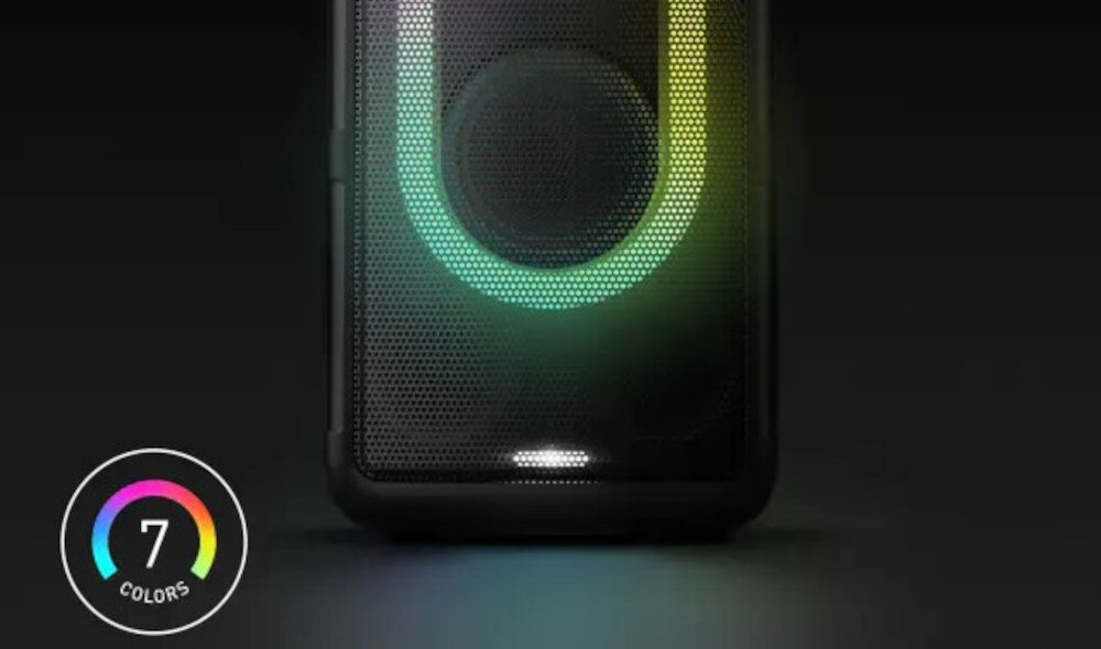 Power Audio PANASONIC SC-TMAX45 efekty świetlne kolory stroboskopy, power audio od frontu z włączonym podświetleniem na czarnym tle