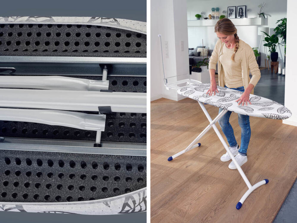 Deska do prasowania LEIFHEIT Air Board Express L Solid Maxx Bezpieczna i stabilna konstrukcja Solidny stelaż z rurkami o grubości 35 mm Blokada rozkładania ochrona
