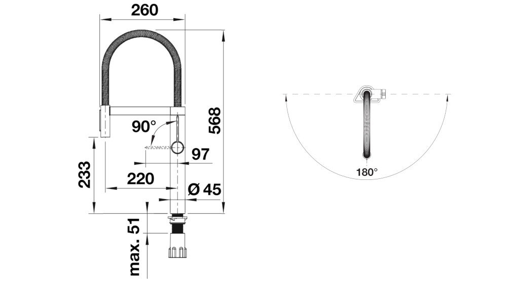 BATERIA KUCHENNA BLANCO Culina-S II Sensor 527462 Stalowy zdjęcie techniczne wymiary wylewka wysokość zasięg korpus