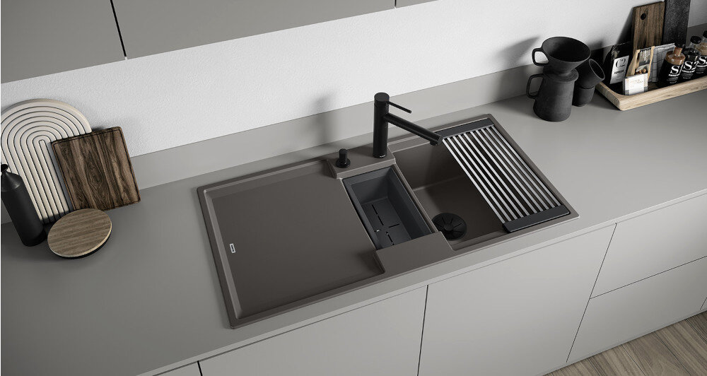 Bateria BLANCO Alta-S II 527553 Czarny mat wizualizacja kuchnia blat zlewozmywak czarny miska kubek książka deska czajnik Tradycyjnie i elegancko wylewka obrotowa 140° Jednodźwigniowa stojąca